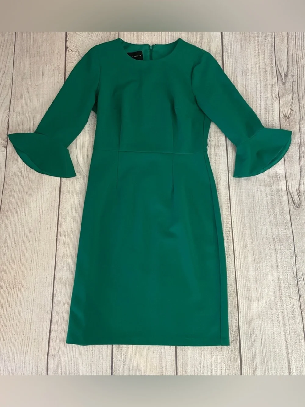 DONNA MORGAN Women’s Green Sheath Dress Ruffle Bell Sleeves Work Size 4